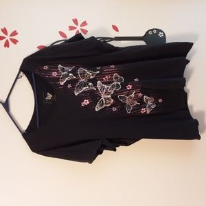 JMS Plus size blouse, 5X, Black, white butterflies, pink stripes and flowers